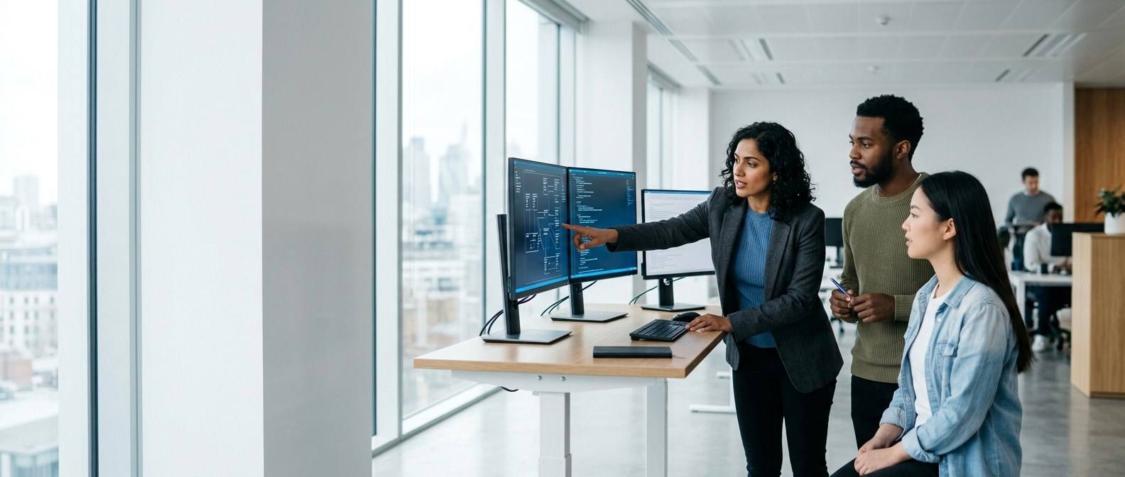 Two software engineers reviewing code and architecture diagrams together at a standing desk in a bright studio.