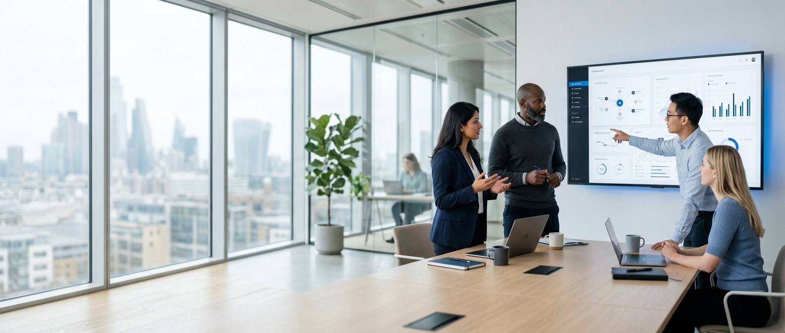 A global technology team discussing a data dashboard in a bright modern office overlooking a city skyline.