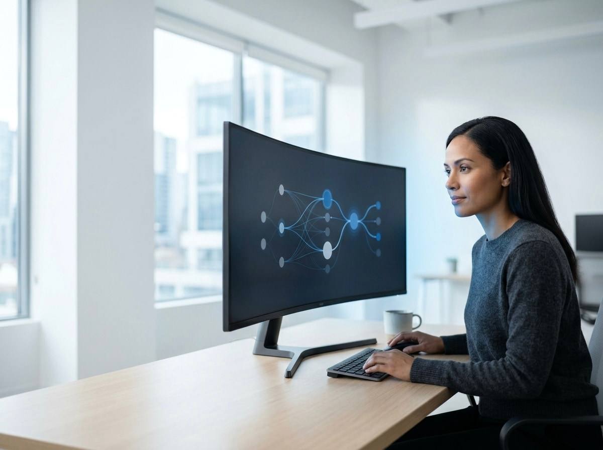 A data scientist reviewing an abstract machine-learning visualisation on a large monitor in a bright, minimal workspace.