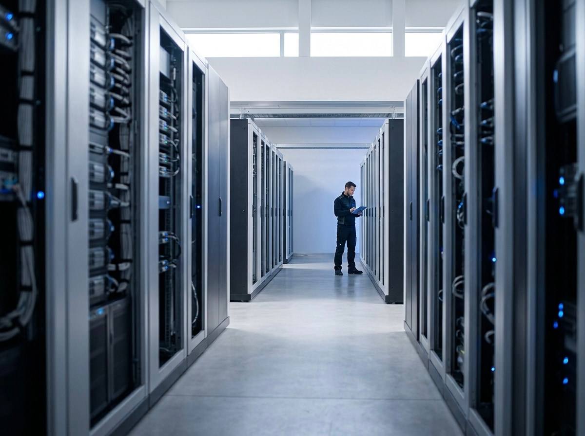 Neat rows of equipment inside a clean, modern data centre lit with cool ambient light.