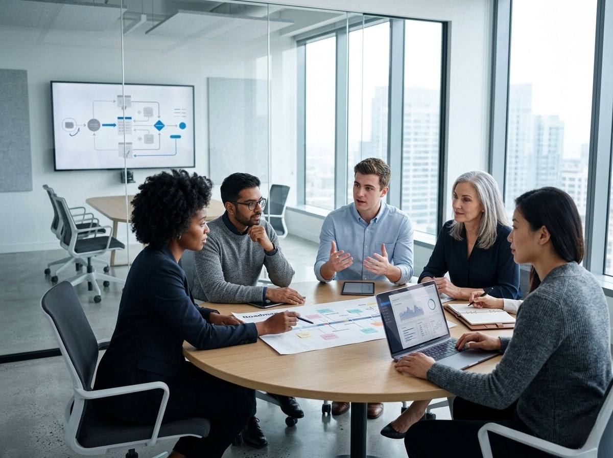 A product team reviewing a delivery roadmap and application designs together around a meeting table.