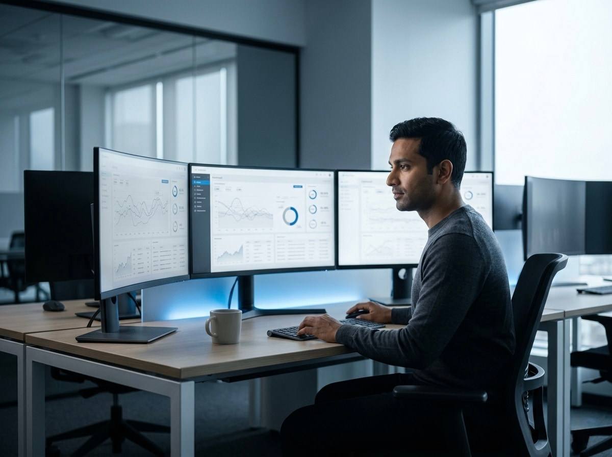A security professional monitoring a multi-screen workstation in a focused, cool-lit operations room.