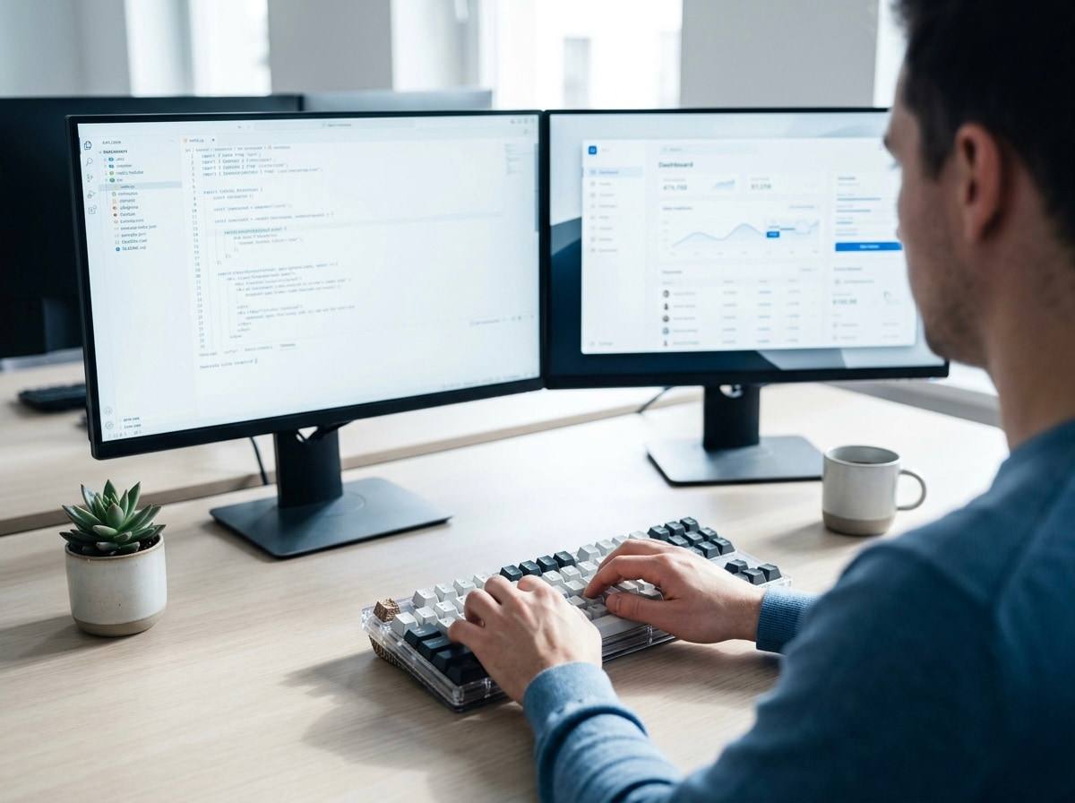 Over-the-shoulder view of a developer writing code at a bright, minimal desk with a second monitor showing an application interface.